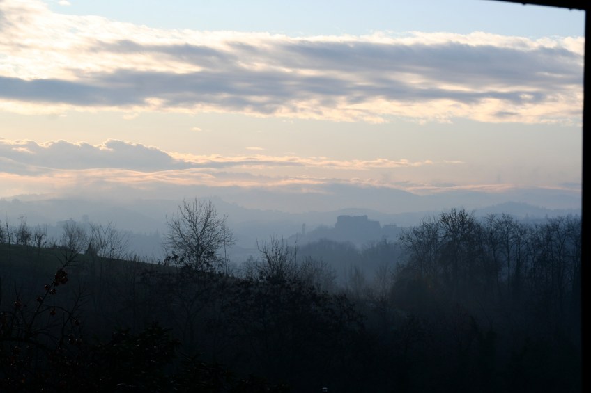 Misty view of Mombercelli Castle